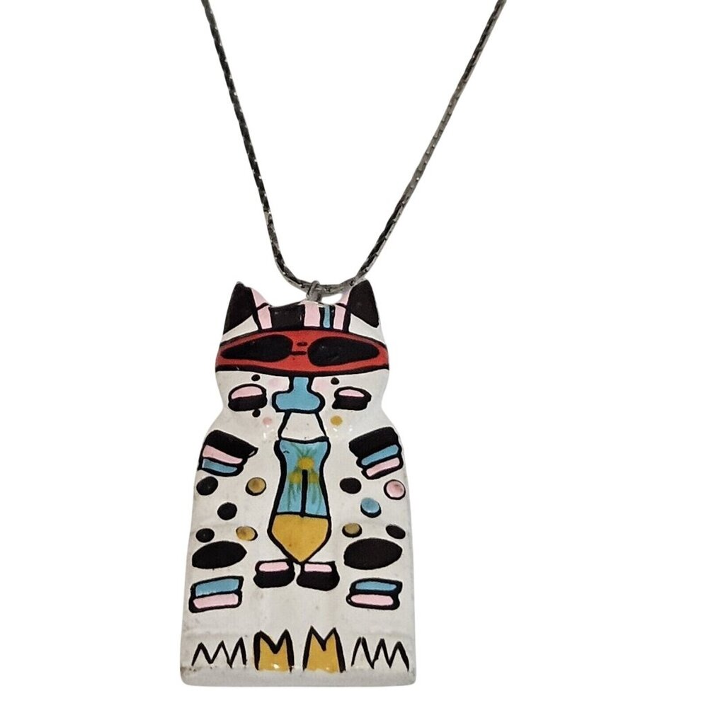 Hand Painted Folk Art Cat Pendant Necklace Silver Tone 18" Chain